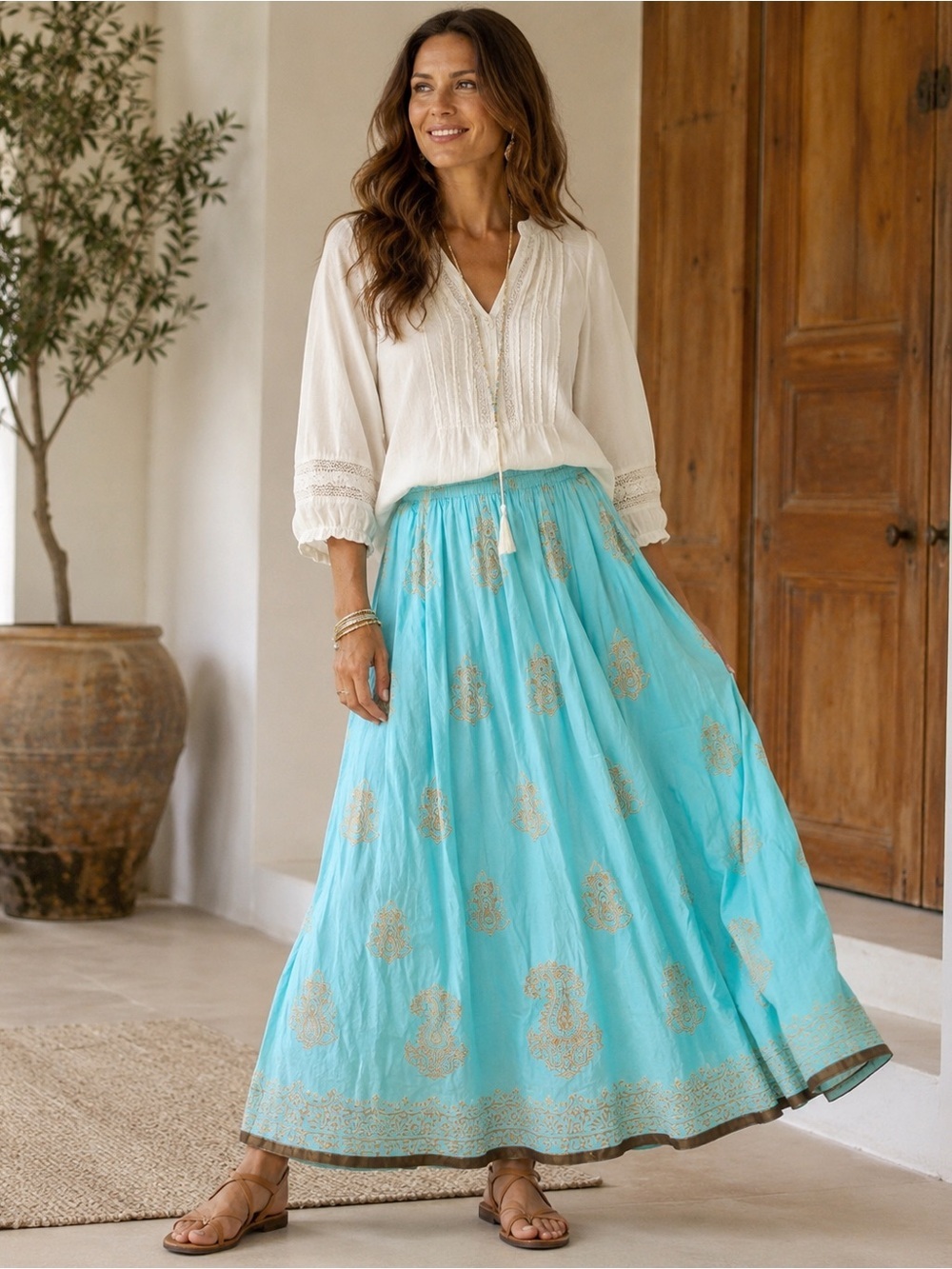 Soft Surroundings Aqua Cotton Maxi Skirt Gold Paisley Print Boho Medium